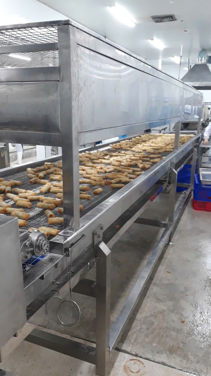Hiệu quả thực tế máy chiên chả giò dạng băng tải liên tục Vipatek thiết kế và chế tạo